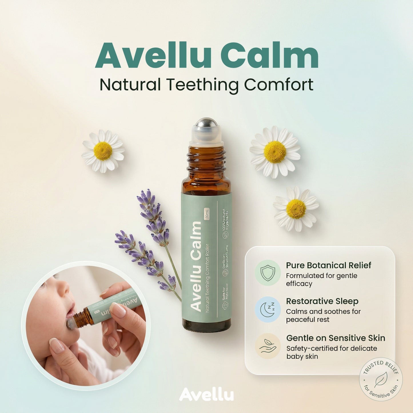 Avellu Calm — Natural Teething Relief Roller for Babies